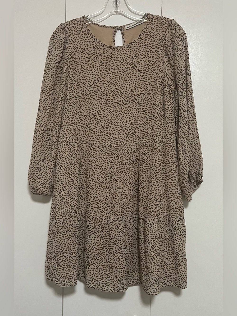 Abercrombie & Fitch Animal Print Tiered Babydoll Mini Dress Tan Long Sleeve Sz S